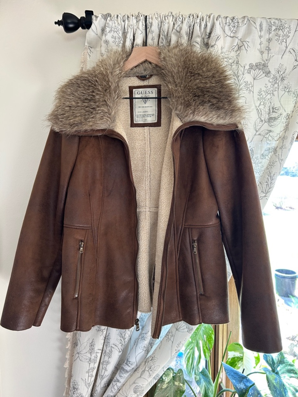 GUESS Brown Suede Shearling Jacket with Faux-Fur Collar